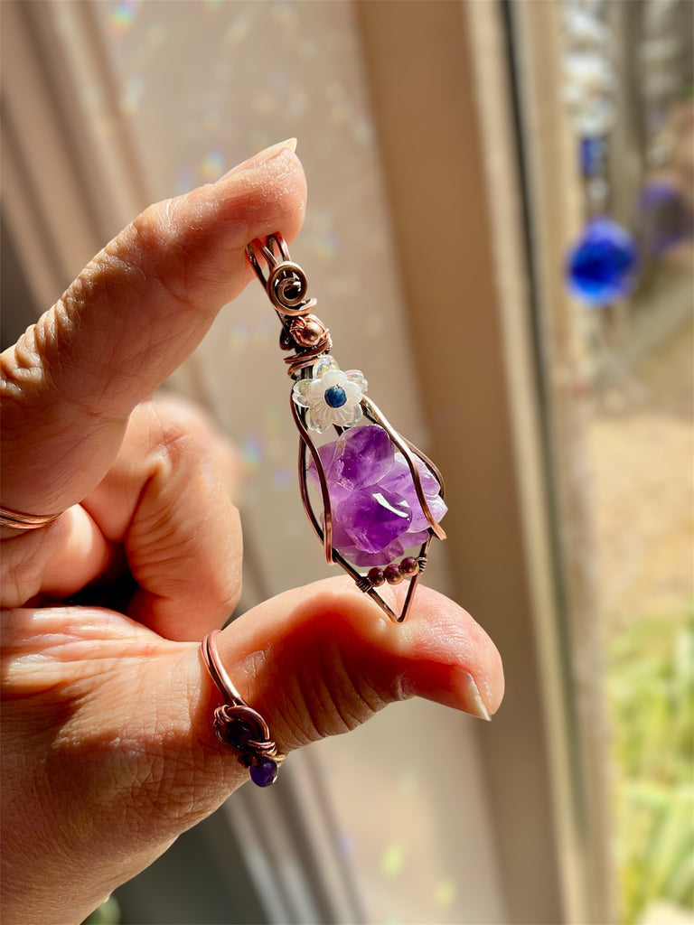 Raw Amethyst Pendant with Sapphire Flower Accent