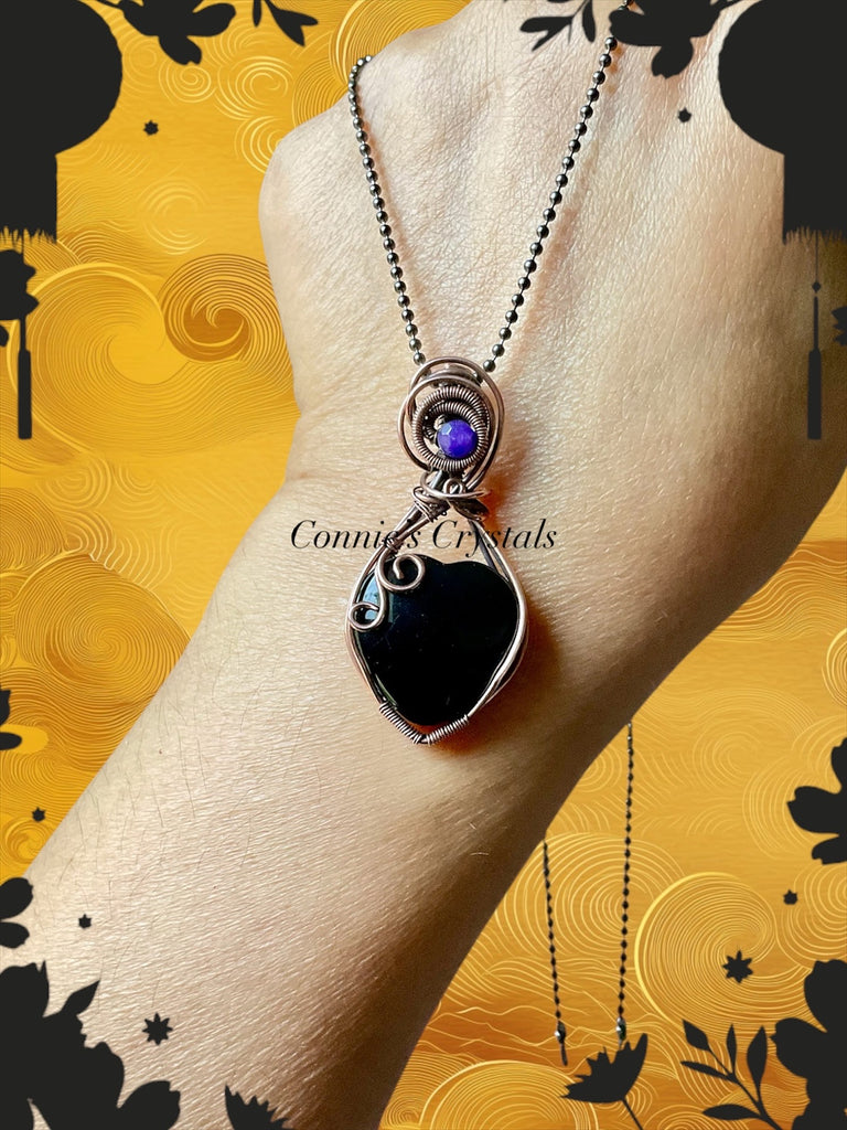 Black Obsidian Heart Pendant with Amethyst Accent