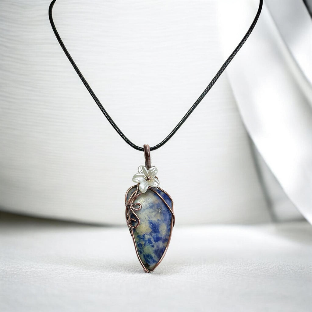 Sodalite Copper Wire Wrapped Pendant with Flower Accent