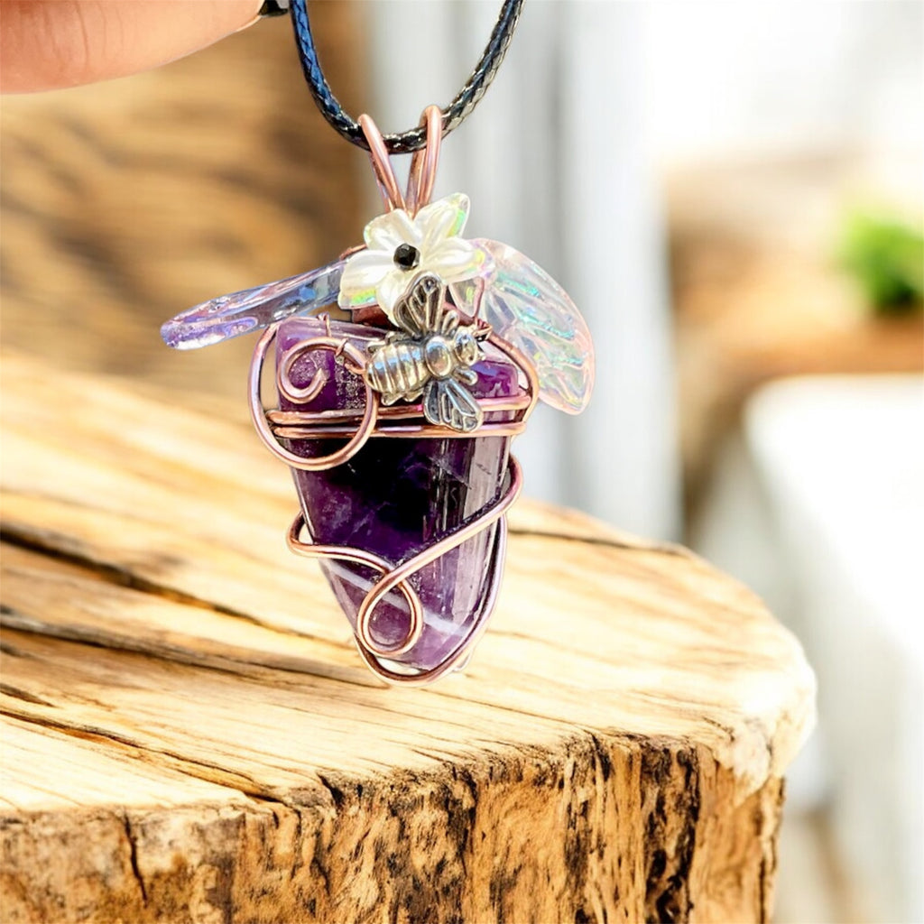 Chevron Amethyst “Bee & Bloom” Pendant — Black Spinel Flower Centre - Connie’s Crystals 