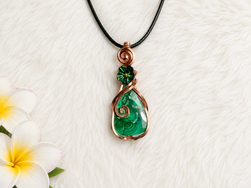 Malachite Copper Wire Wrapped Pendant with Green Flower Accent