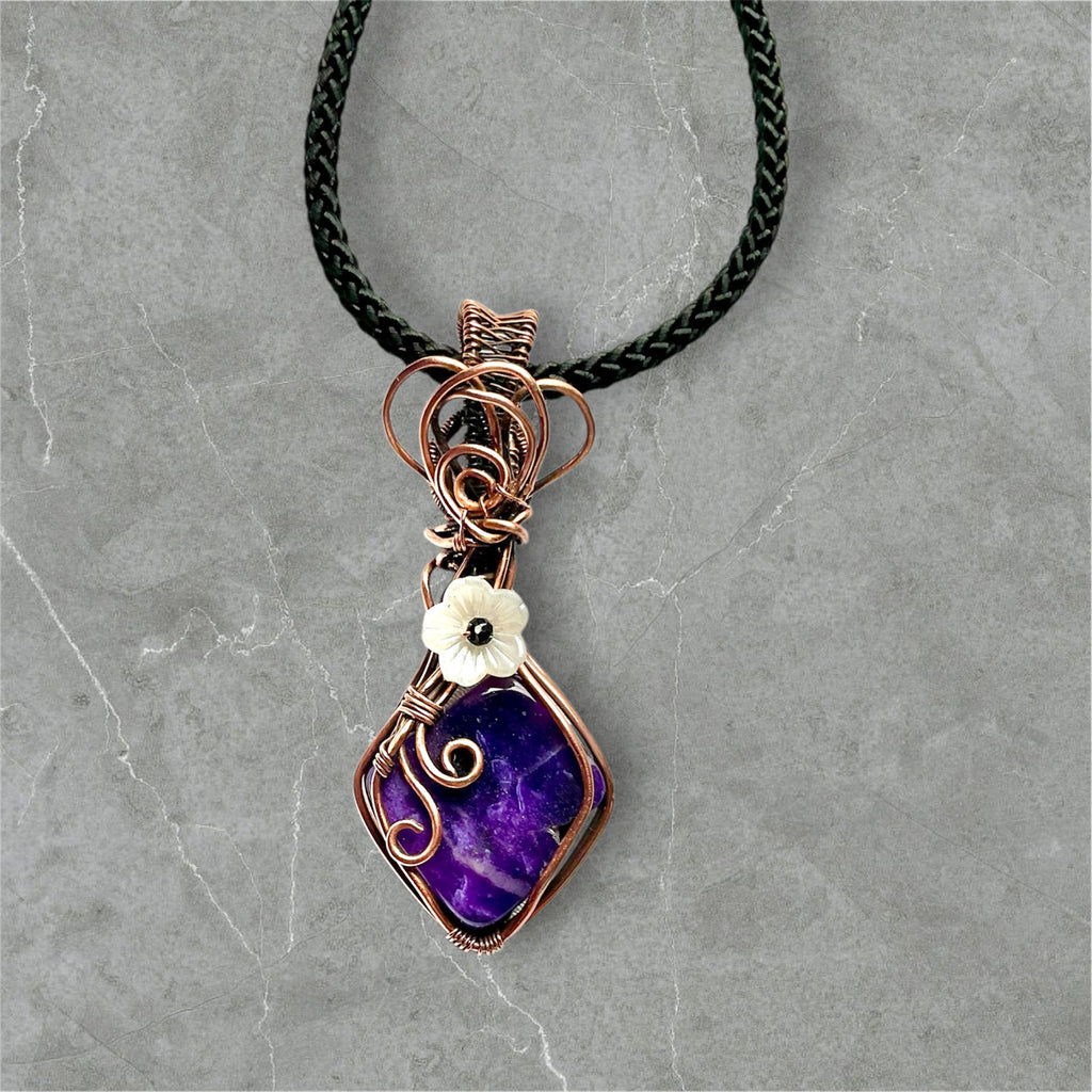 Charoite Wire Wrapped Pendant with Flower Accent