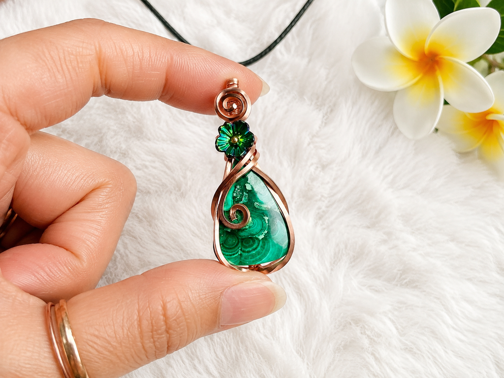 Malachite Copper Wire Wrapped Pendant with Green Flower Accent