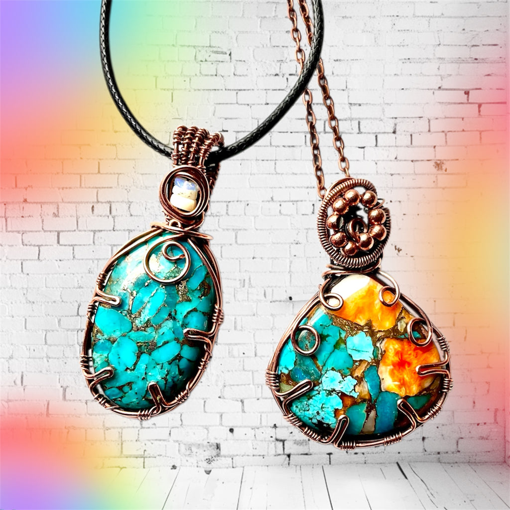 Handcrafted Nevada Turquoise & Opal Wire-Wrapped Pendant