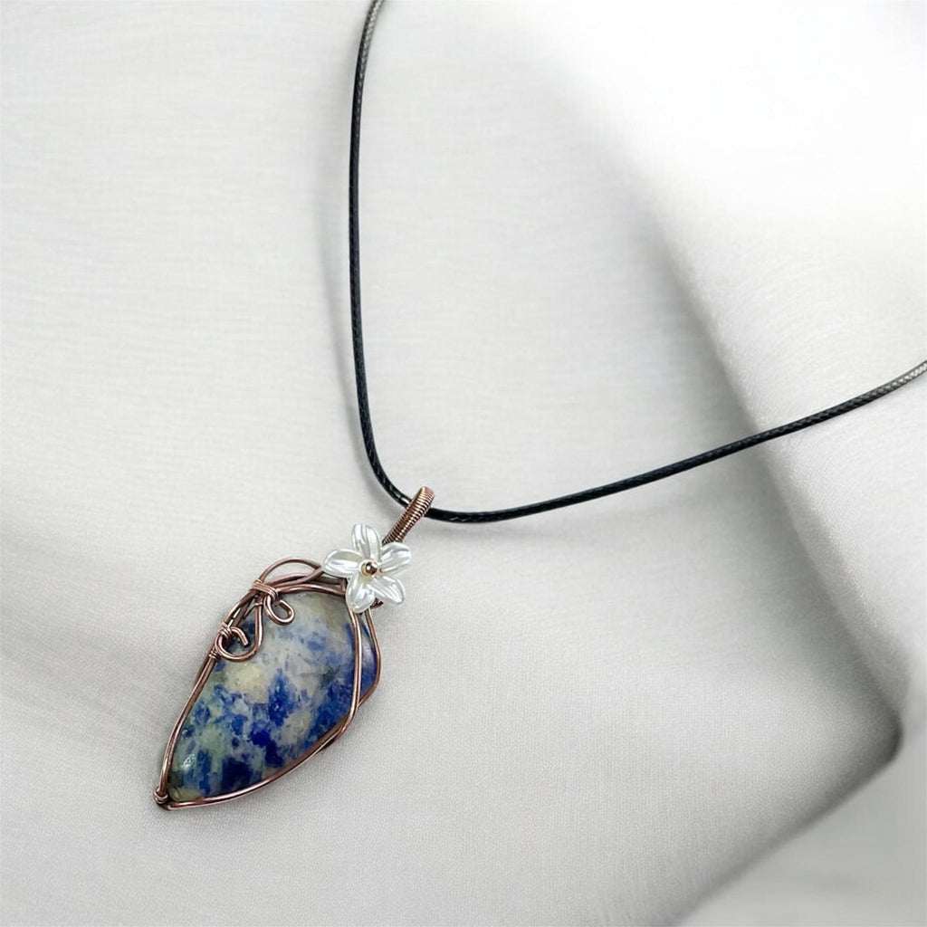 Sodalite Copper Wire Wrapped Pendant with Flower Accent