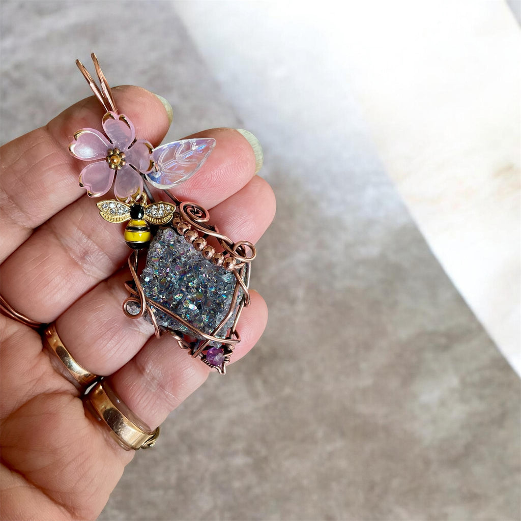 Amethyst Aura Quartz Bee & Blossom Wire Wrapped Pendant