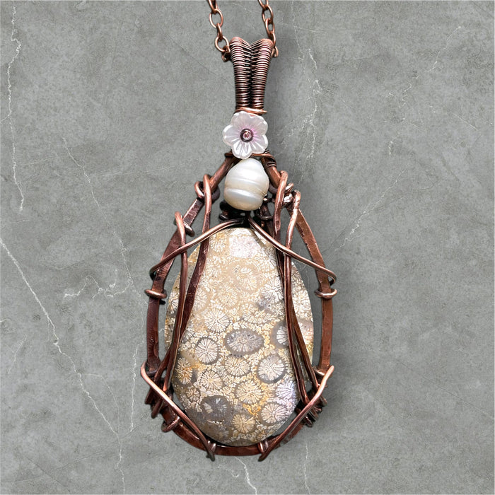 Coral Fossil Pendant With Fresh Water Pearl and Flower Accents