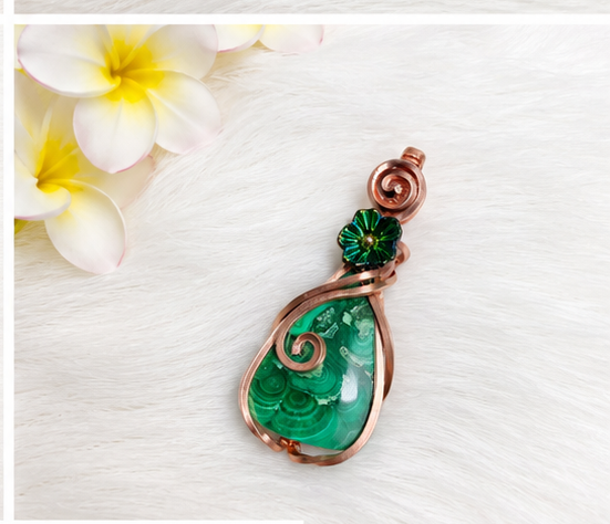 Malachite Copper Wire Wrapped Pendant with Green Flower Accent