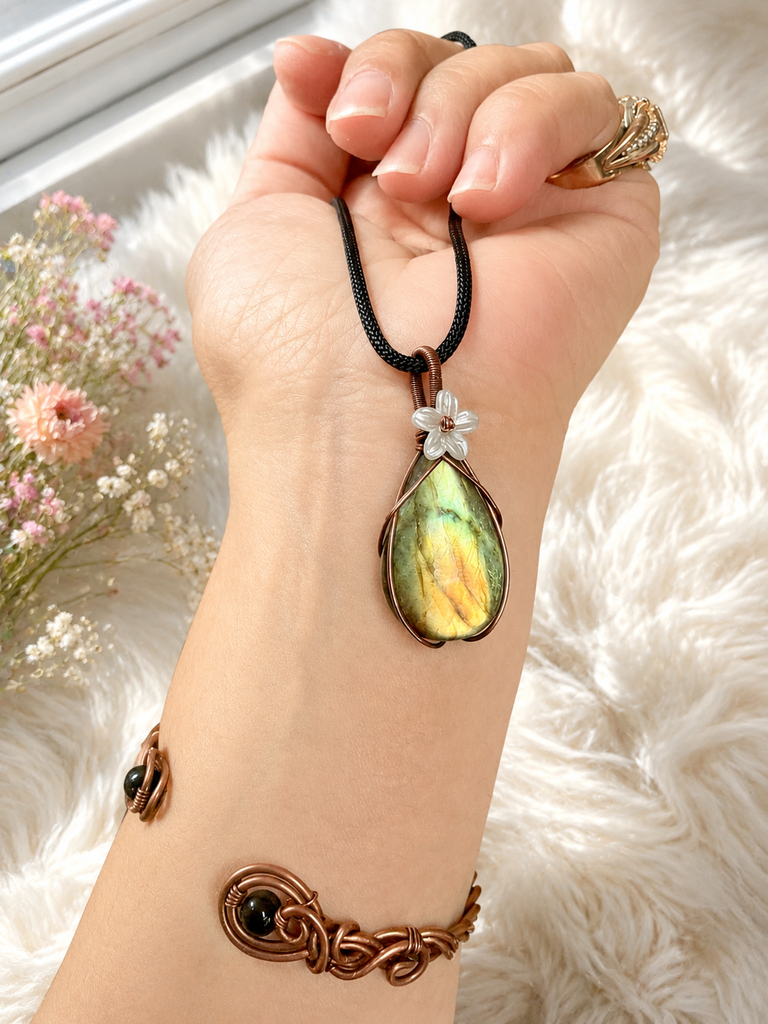 Labradorite Copper Wire Wrapped Pendants with Flower Accent - Connie’s Crystals 