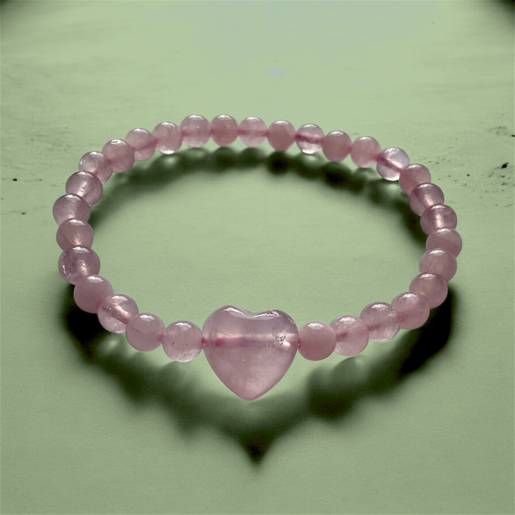 🌸 Rose Quartz Stretch Bracelet with Heart Focal - Connie’s Crystals 