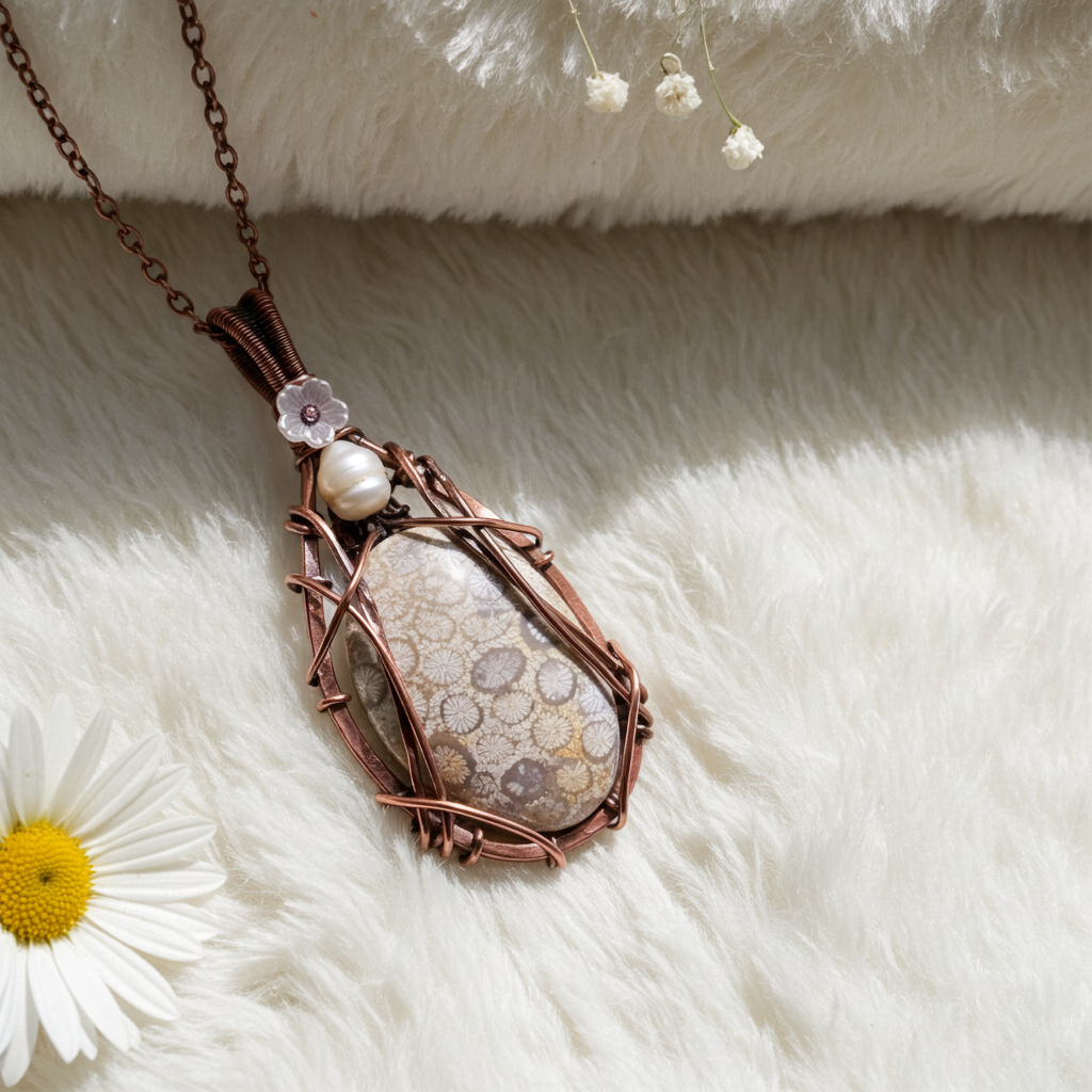 Coral Fossil Pendant With Fresh Water Pearl and Flower Accents