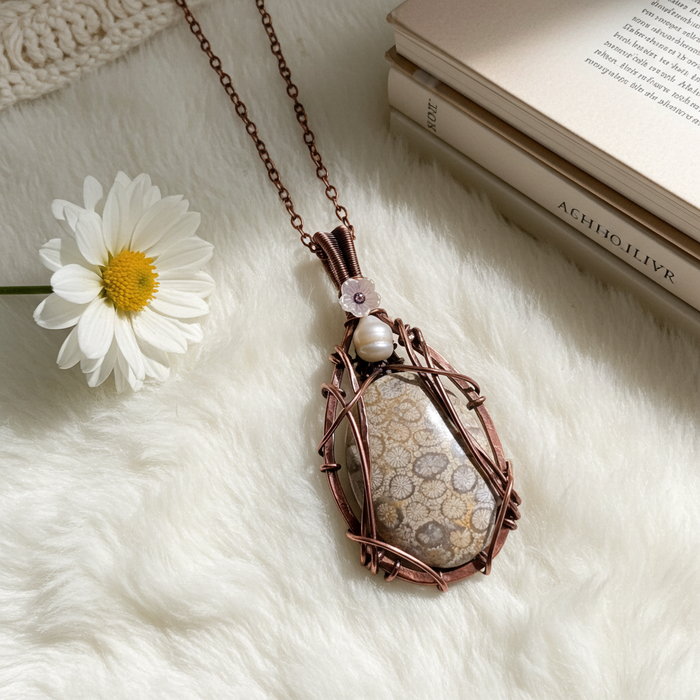 Coral Fossil Pendant With Fresh Water Pearl and Flower Accents