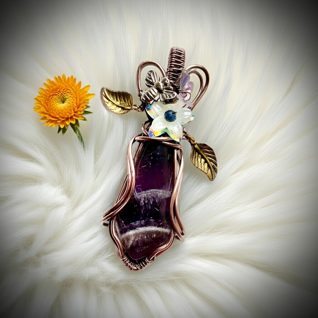 Chevron Amethyst Pendant – Bee, Butterfly & Floral Details