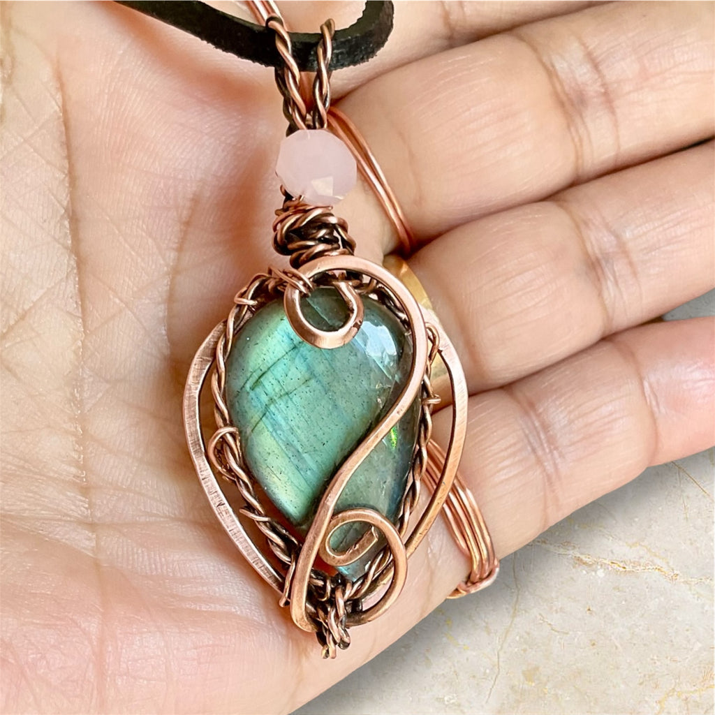 Labradorite & Rose Quartz Wire Wrapped Pendant