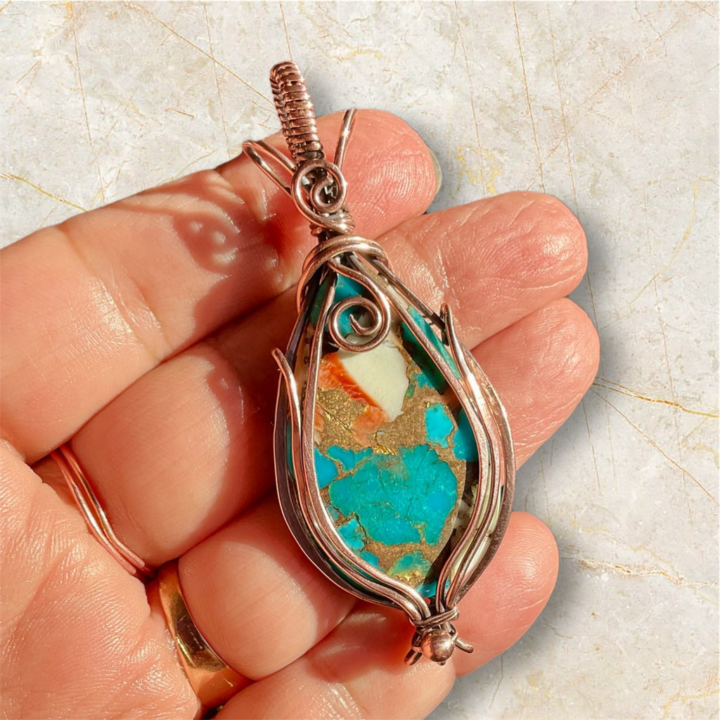 Spiny Oyster Turquoise Wire Wrapped Pendant