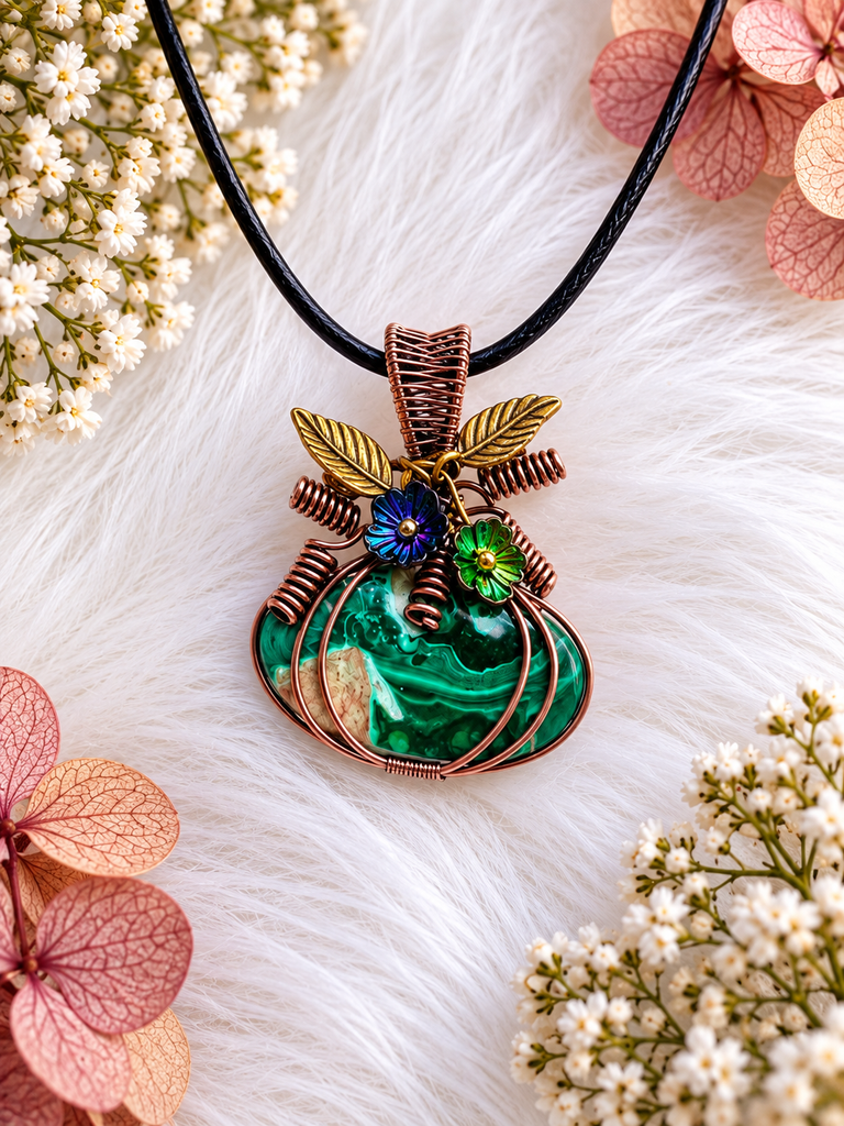 Chrysocolla in Malachite Pumpkin Pendant | Copper Wire Wrapped