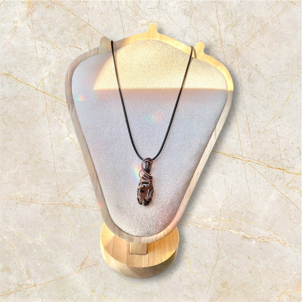 Smokey Quartz Coffin Pendant – Wire Wrapped with Black Spinel