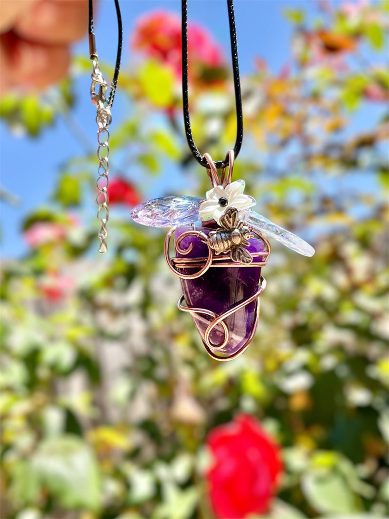 Chevron Amethyst “Bee & Bloom” Pendant — Black Spinel Flower Centre - Connie’s Crystals 