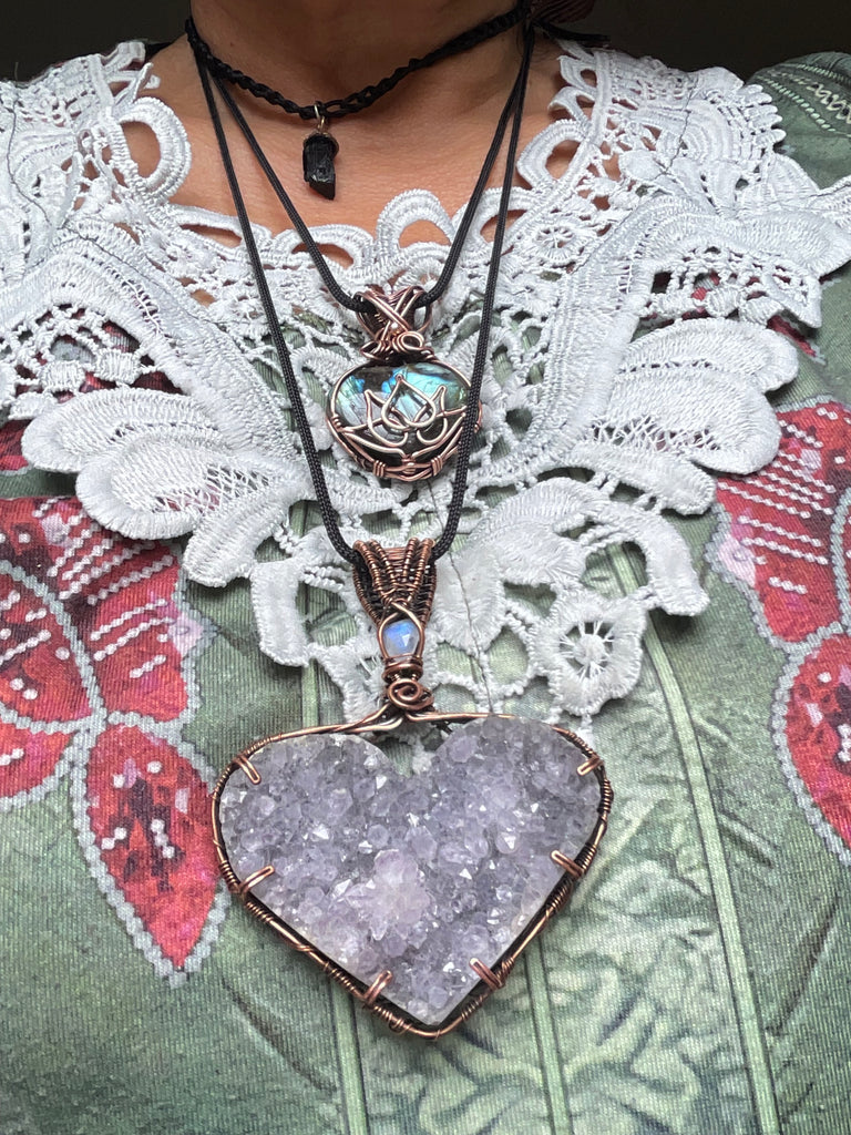 Amethyst Druzy Heart Pendant with Moonstone Accent - Connie’s Crystals 