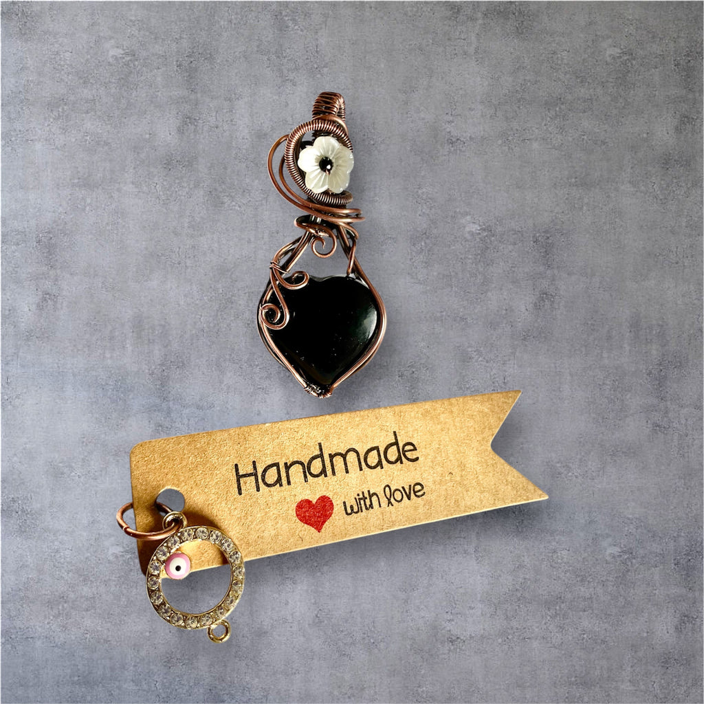 Black Obsidian Heart Pendant with Flower and Black Spinel Accent