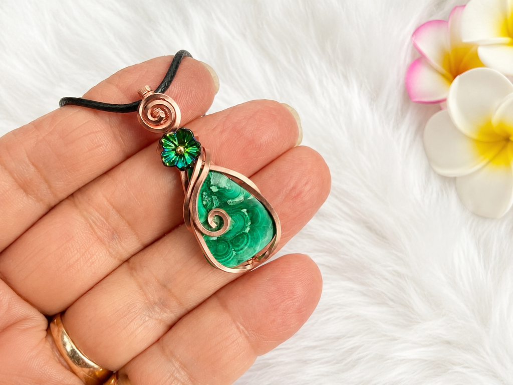 Malachite Copper Wire Wrapped Pendant with Green Flower Accent