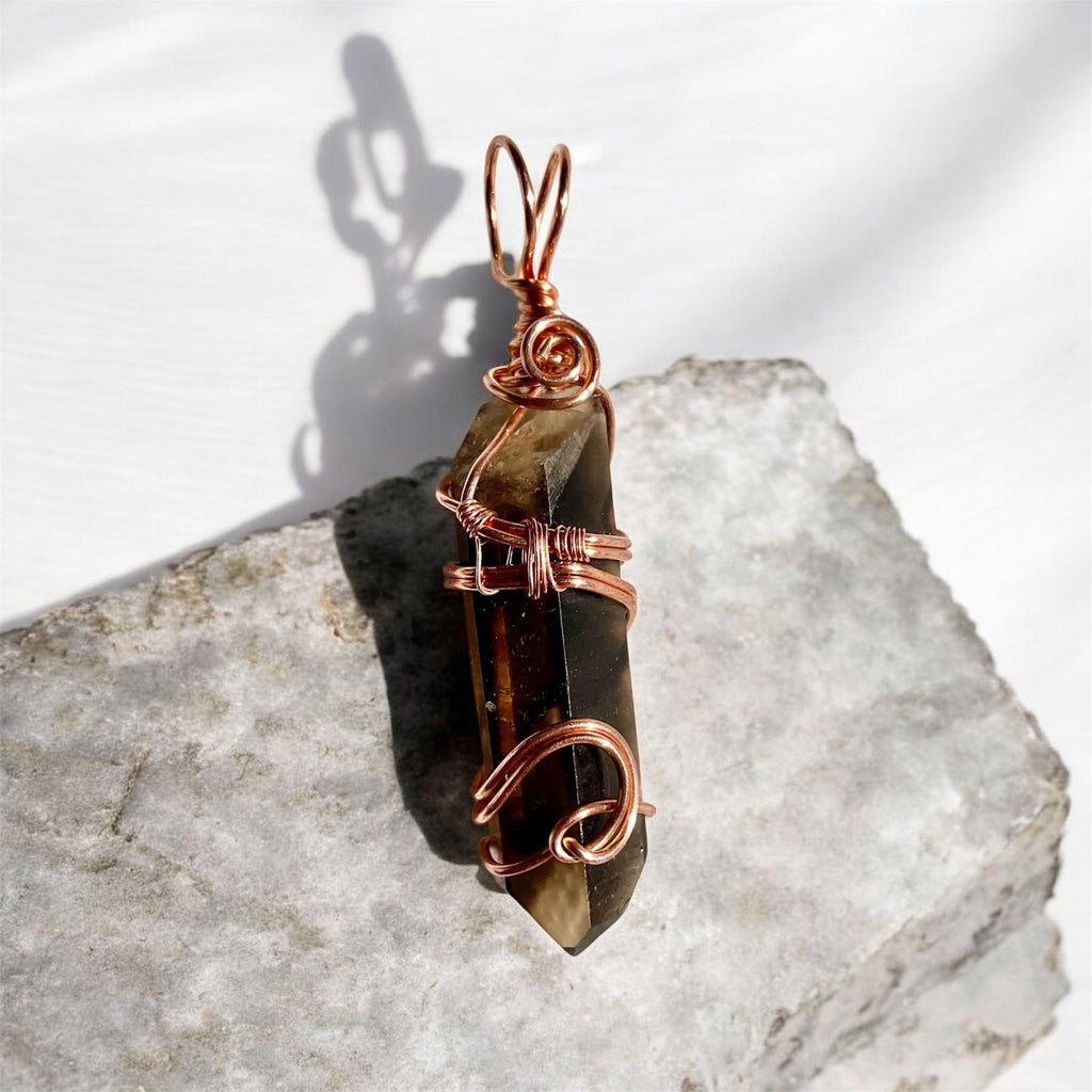 Himalayan Smoky Lemurian Quartz Point Copper Wire Wrapped Pendant