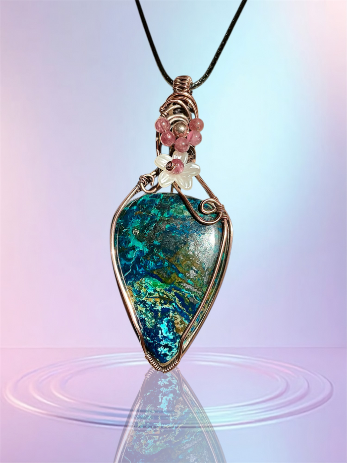 Azurite Pendant with Pink Tourmaline and Flower Accent
