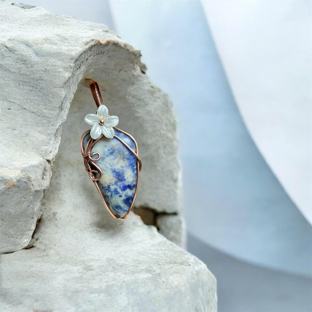Sodalite Copper Wire Wrapped Pendant with Flower Accent