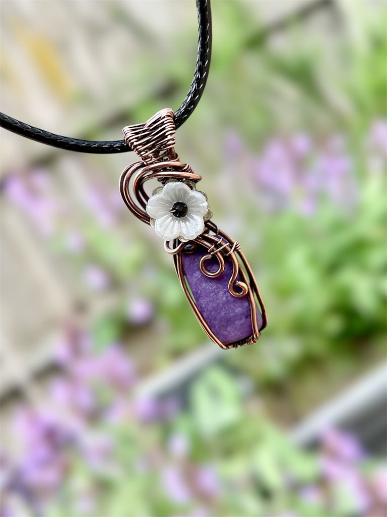 Charoite Mini Pendant with Flower and Black Spinel Accent