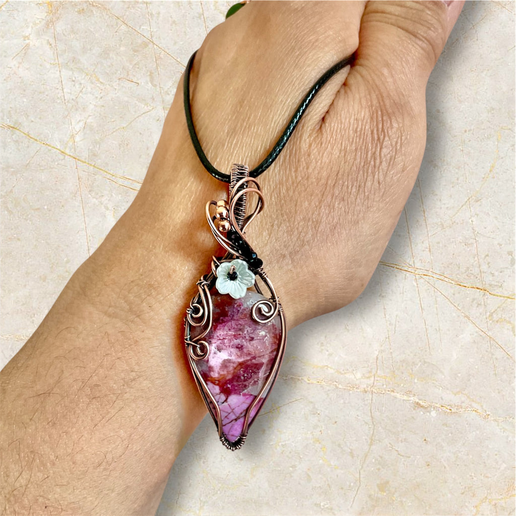 Cobalt Calcite Wire Wrapped Pendant with Black Spinel Bead Accent