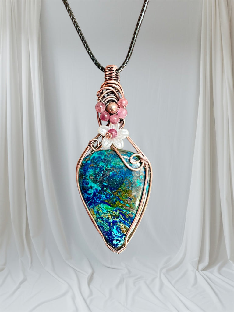 Azurite Pendant with Pink Tourmaline and Flower Accent