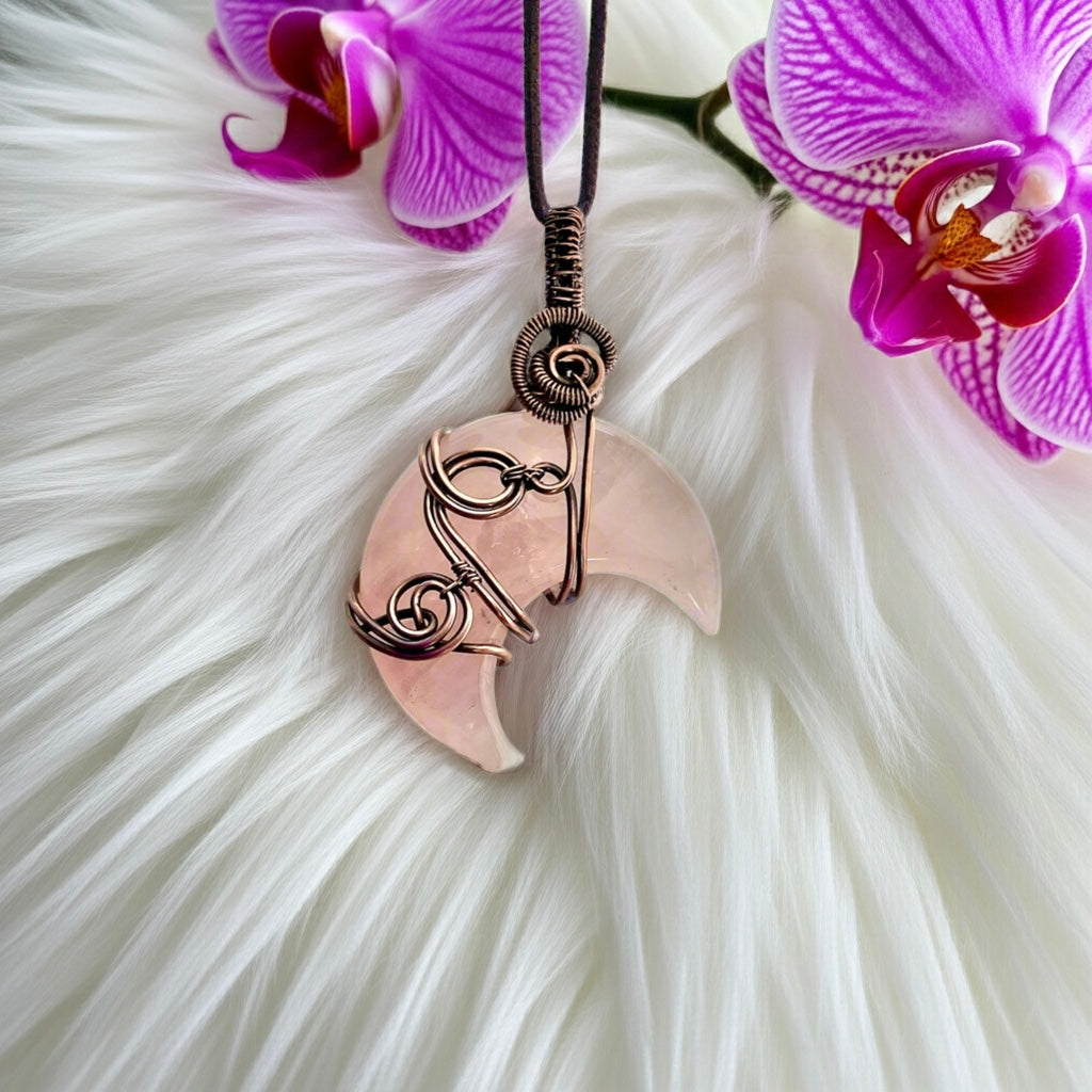 Rose Quartz Crescent Moon Pendant - Connie’s Crystals 