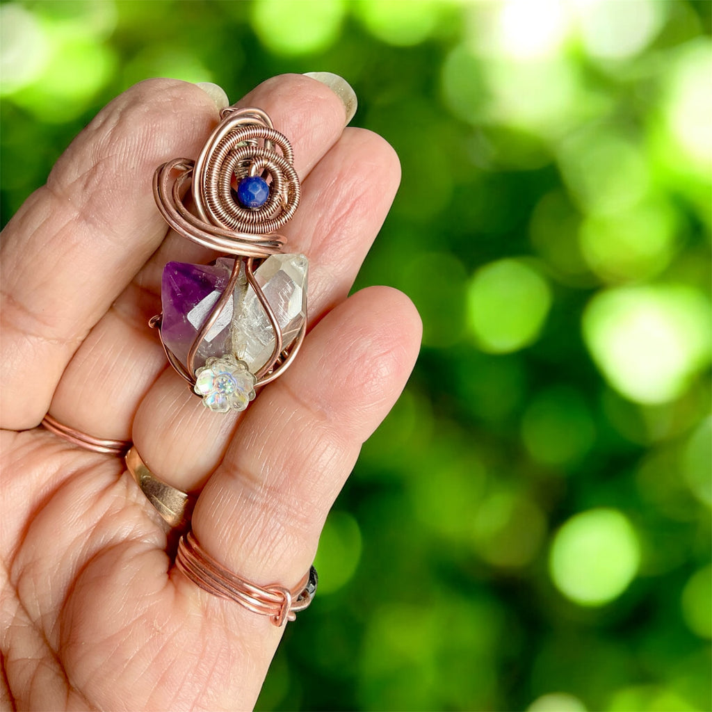 Amethyst and Herkimer Diamond Pendant with Sapphire Accent