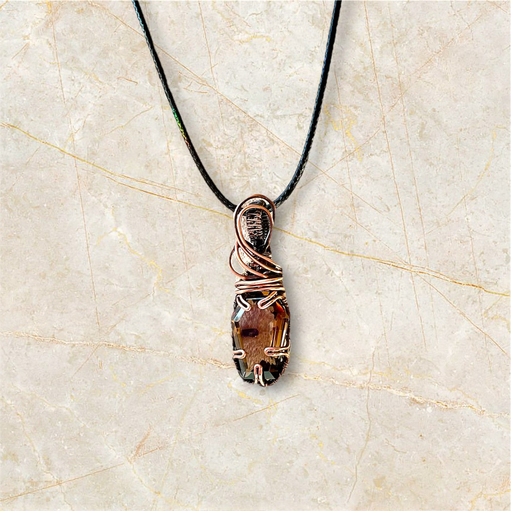 Smokey Quartz Coffin Pendant – Wire Wrapped with Black Spinel