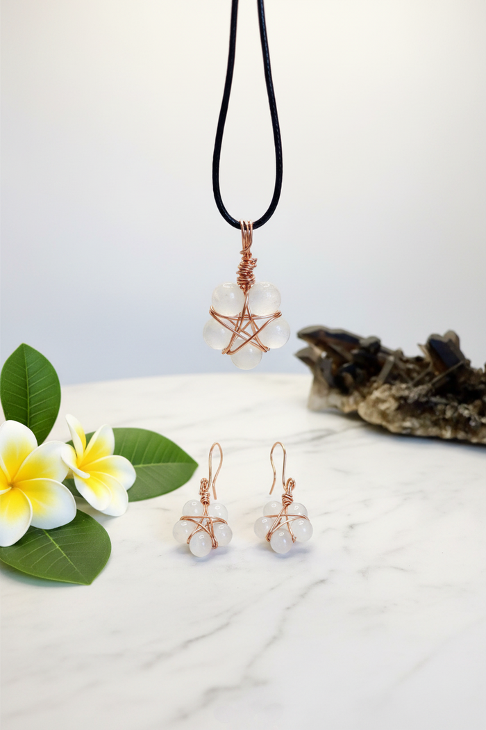 White Cat’s Eye Pentagram Pendant and Earrings - Connie’s Crystals 