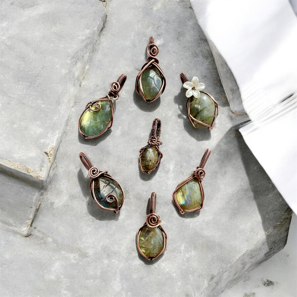 Mini Labradorite Copper Wire Wrapped Pendants