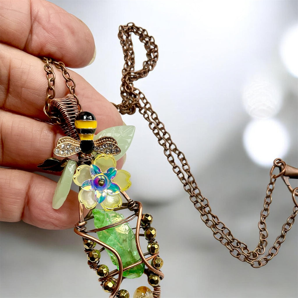 Green Aura Quartz Bee & Blossom Wire Wrapped Pendant