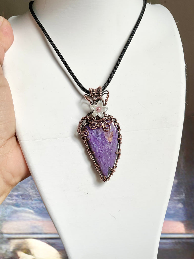 Charoite & Pink Tourmaline Copper Wire-Wrapped Pendant 💜🌸 - Connie’s Crystals 