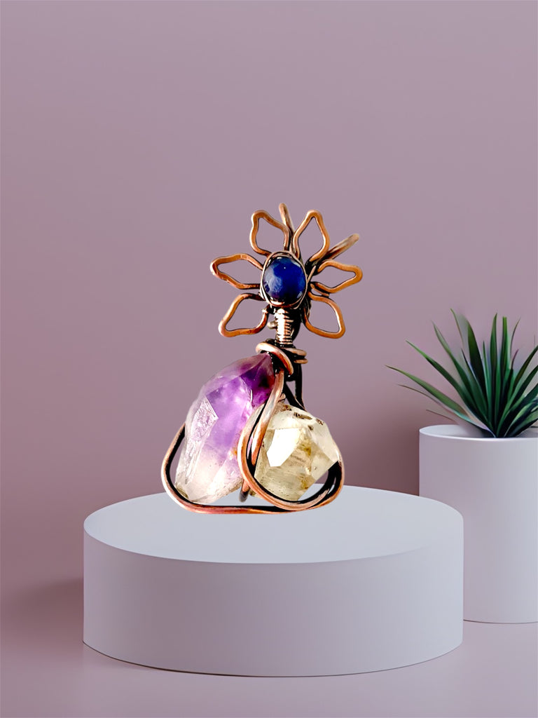 Amethyst & Herkimer Diamond Mini Pendant – Sapphire Flower Accent - Connie’s Crystals 