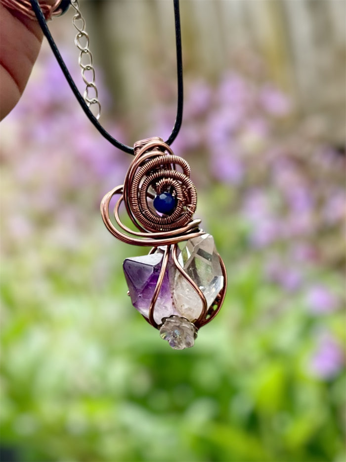 Amethyst and Herkimer Diamond Pendant with Sapphire Accent