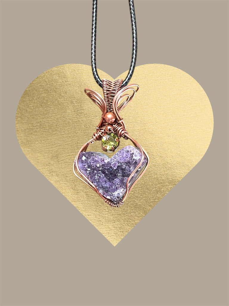 Amethyst Heart Geode Pendant with Peridot Accent