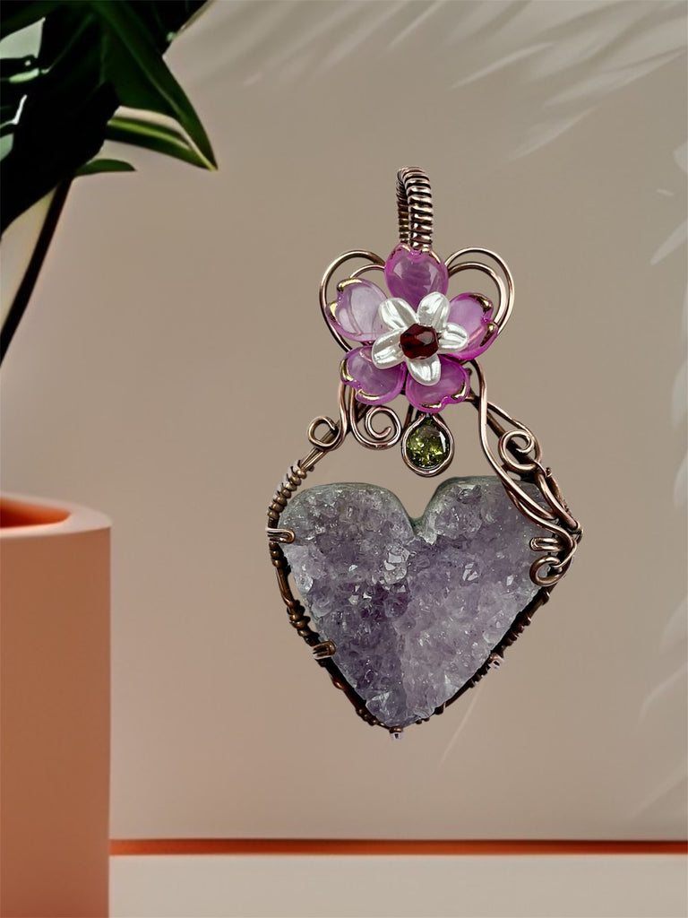 Amethyst Druzy Heart Pendant with Peridot & Flower Accent - Connie’s Crystals 