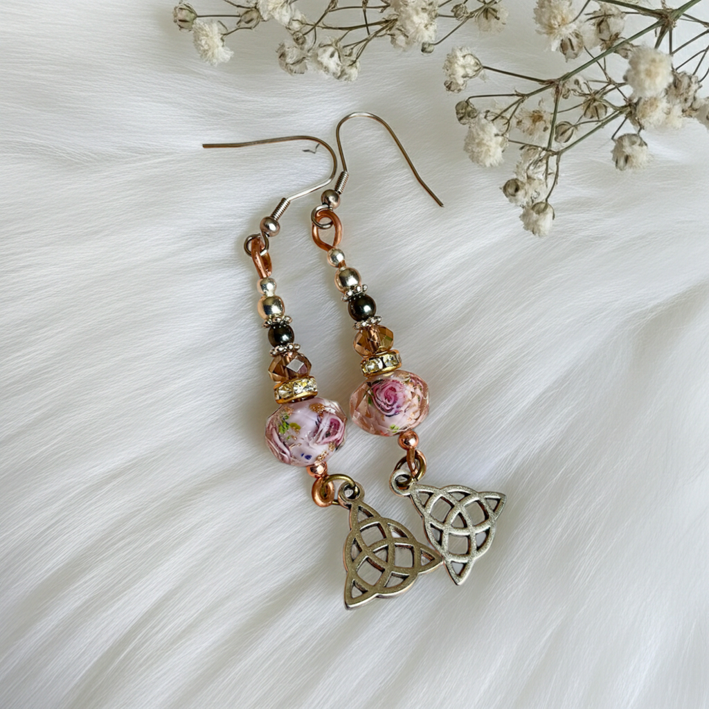 Millefiori Murano Glass Dangle Earrings with Triquetra Charm. - Connie’s Crystals 