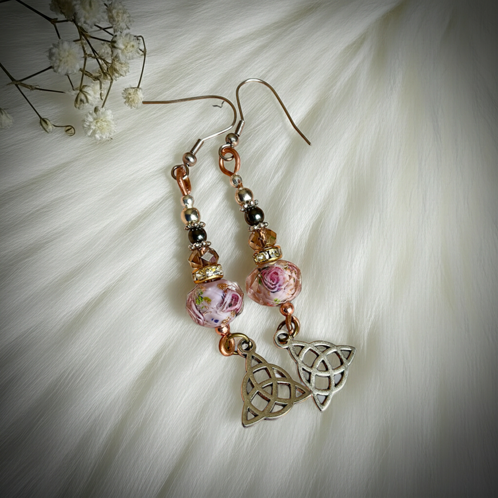Millefiori Murano Glass Dangle Earrings with Triquetra Charm. - Connie’s Crystals 