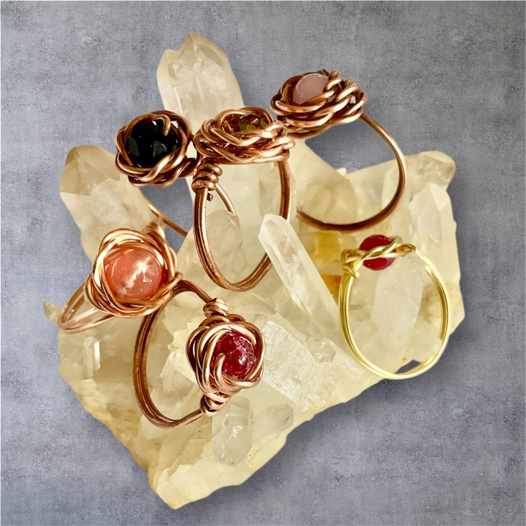 Handcrafted Copper Rose Rings with Gemstone Centres