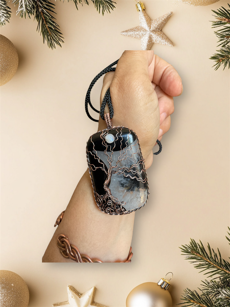 Black Druzy Agate Tree of Life with Moonstone Accent