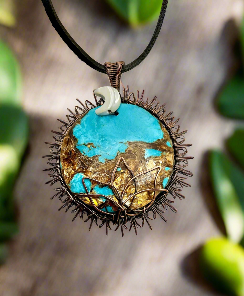 Copper Turquoise Sun, Moon & Lotus Pendant