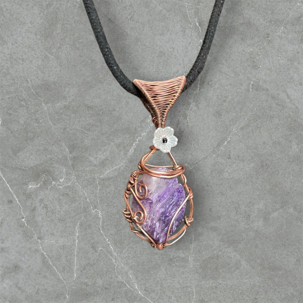 Charoite Wire Wrapped Pendant With Flower Accent