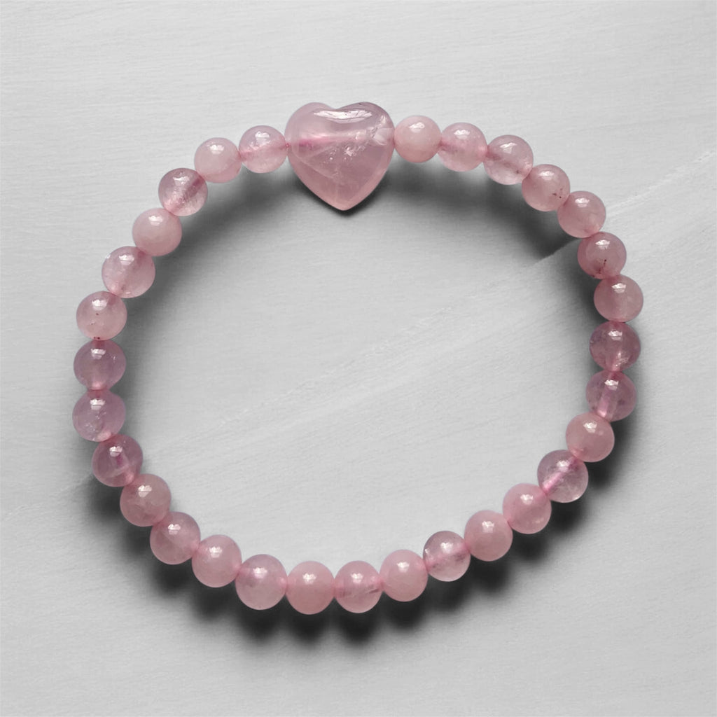 🌸 Rose Quartz Stretch Bracelet with Heart Focal - Connie’s Crystals 