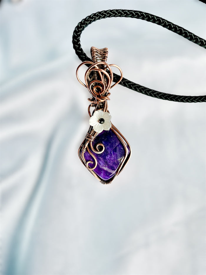 Charoite Wire Wrapped Pendant with Flower Accent